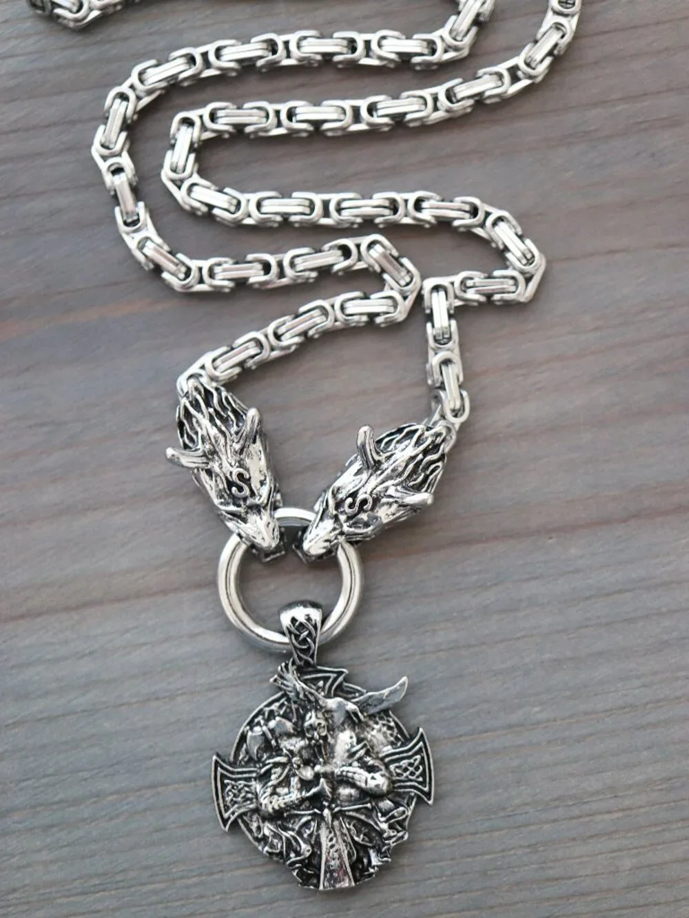 King Nordic Viking with Wolf Byzantine Chain Necklace Silver Stainless Steel